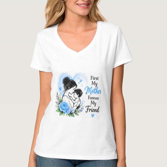 Först min mamma för evigt min vän Blå blommig T Shirt (Framsida)