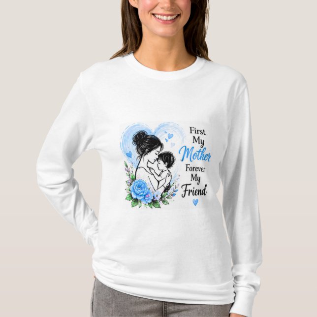 Först min mamma för evigt min vän Blå blommig T Shirt (Framsida)