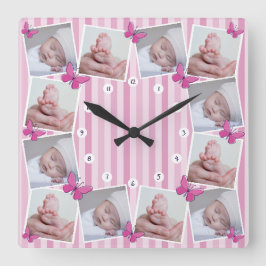 Första 12 månader Baby Photo Collage Rosa Butterfl Fyrkantig Klocka
