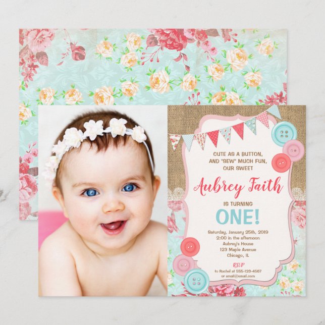 Första 1:a födelsedag-flicka söt som knappfoto inbjudningar (Fram/baksida)