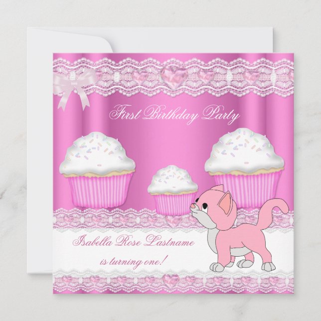 Första 1:a födelsedagsflicka Rosa Cupcakes Baby Ka Inbjudningar (Framsida)