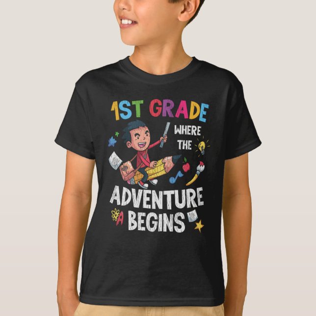 Första 1:a Klass-Äventyr-skolläraren Kids Boys T Shirt (Framsida)