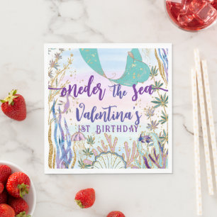 Första 1:a ONder Sea Birthday Sjöjungfru Glitter Pappersservett