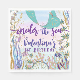 Första 1:a ONder Sea Birthday Sjöjungfru Glitter Pappersservett