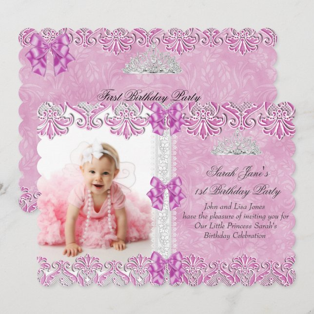 Första 1-års födelsedag flickor lila rosa foto tia inbjudningar (Fram/baksida)