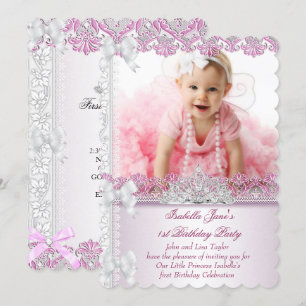 Första 1-års födelsedagsfest tjej prinsessa rosa f inbjudningar