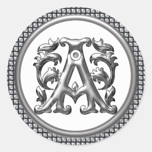 Första A Round Sticker i Silver Runt Klistermärke