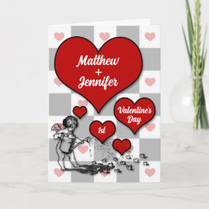 Första Alla hjärtans dag Cupid Heart med Namn Helgkort