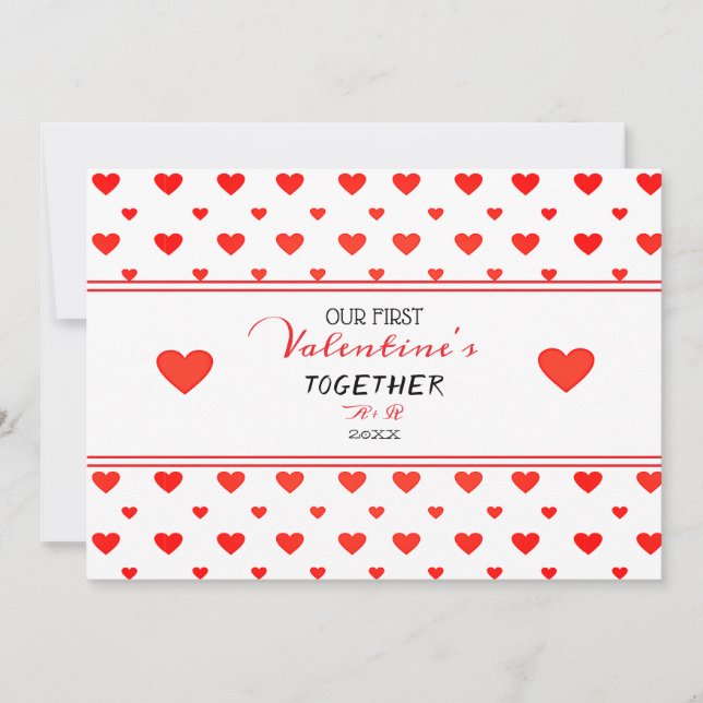 Första Alla hjärtans dag tillsammans röda hjärtan  Julkort (Framsida)