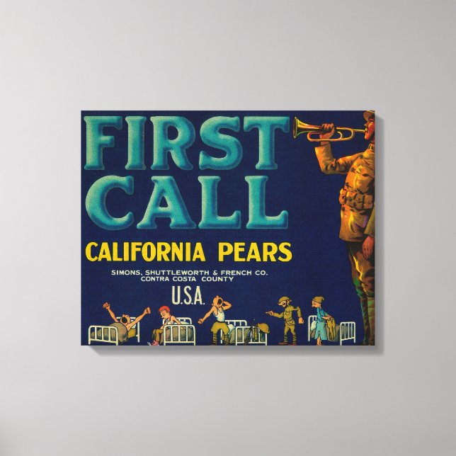 Första anropet Pear Låda-etikettContra Costa, CA Canvastryck (Framsida)