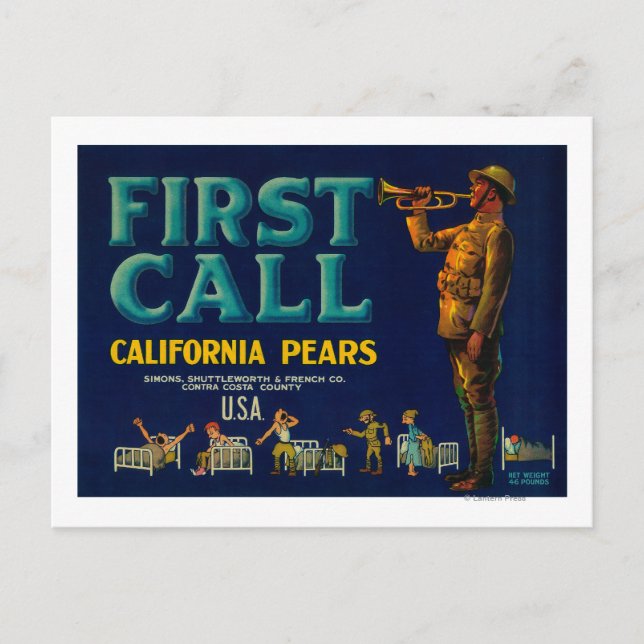 Första anropet Pear Låda-etikettContra Costa, CA Vykort (Framsida)