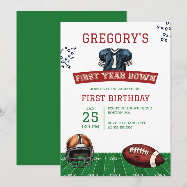 Första året nedåt i fotboll 1:a födelsedag inbjudningar (Fram/baksida)