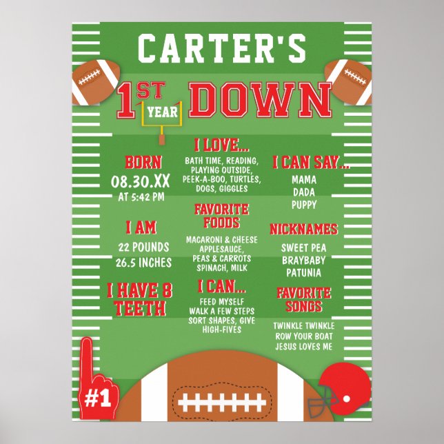 Första året nedåt Röd fotboll 1:a födelsedagsskum Poster (Framsidan)
