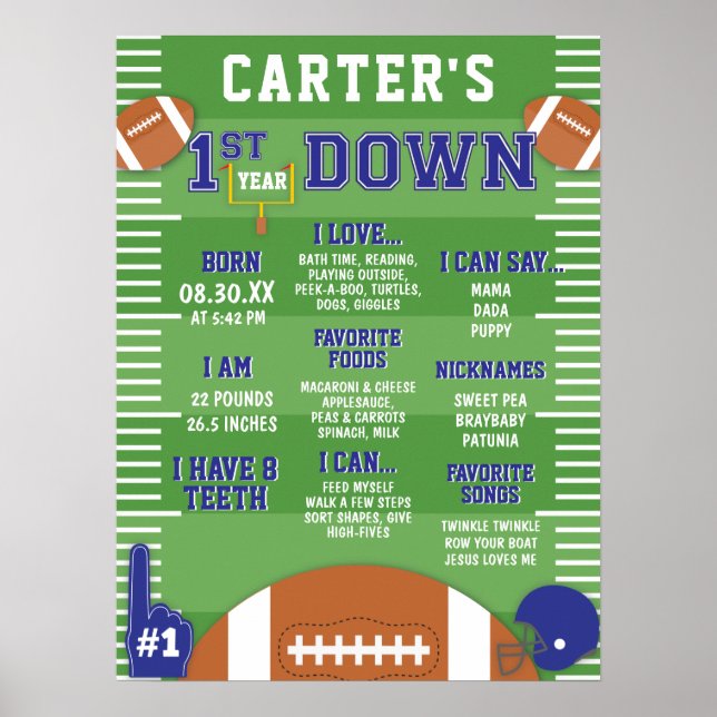 Första året nedblått fotboll 1:a födelsedagsskum poster (Framsidan)