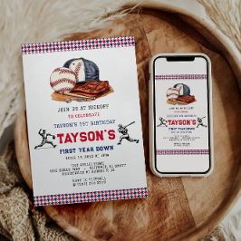 Första året ner baseboll 1-års födelsedagsfest inbjudningar