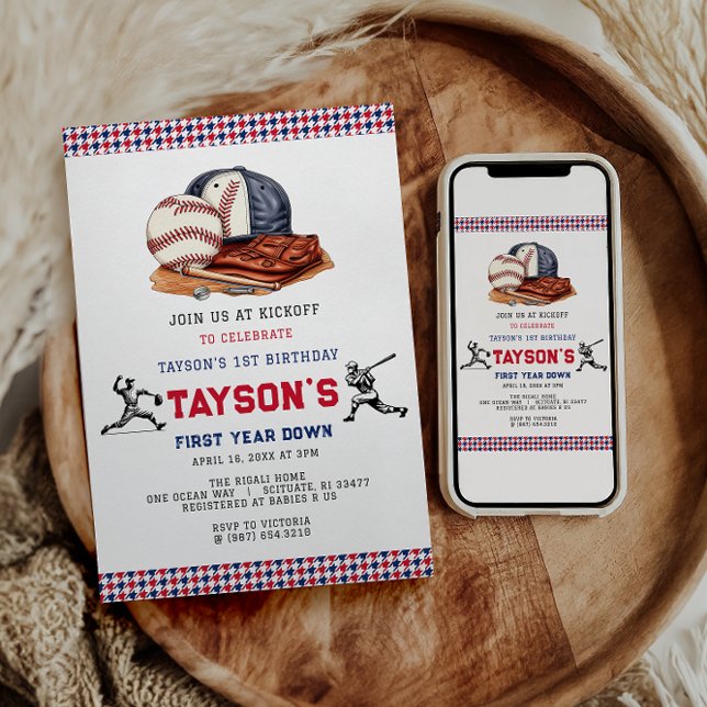 Första året ner baseboll 1-års födelsedagsfest inbjudningar (Skapare uppladdad)