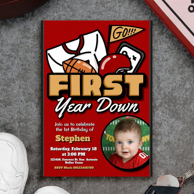 Första året nere - Fotboll med foto Inbjudningar (First Year Down - Football with Photo Picture Invitation)