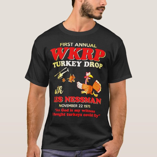 Första årliga WKRP-Turkey-Drop-With-Les-Nessman—T T Shirt (Framsida)