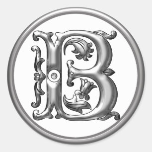 Första B Round Sticker i Silver Runt Klistermärke