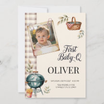 Första Baby Q Foto Grill 1-årsfest Pojke Rustikalt