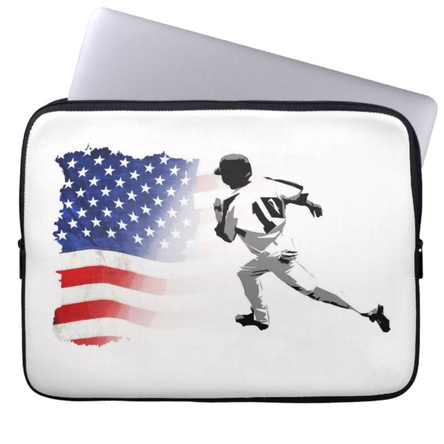 Första Bas Springa-Baseball Player och USA flagga Laptop Fodral (Framsidan)