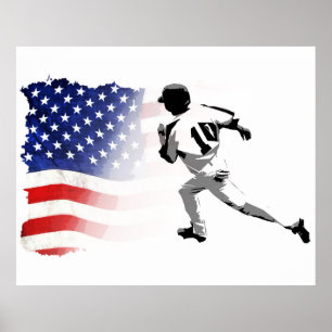 Första Bas Springa-Baseball Player och USA flagga Poster