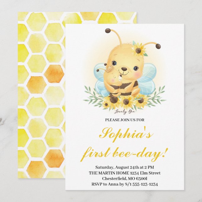 Första Bee-Dagen Bee Honey Bee 1-års födelsedagsin Inbjudningar (Fram/baksida)