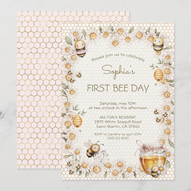 Första BEE dagen Honungsbin Tusenskönor Blommor Fö Inbjudningar (Fram/baksida)