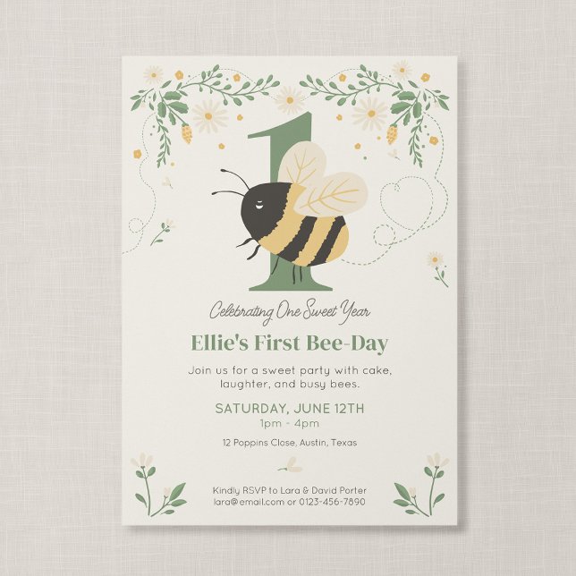 Första Bee Day Saga Bock Honungsbin Födelsedag Inbjudningar (Wildflower Flight - First Bee Day Invitation, Front)