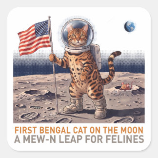 Första Bengalisk katt på månen - Retro Rymdkatt Fyrkantigt Klistermärke