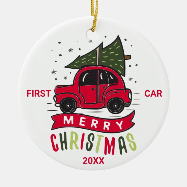 Första bilens God jul Red Car Träd Anpassningsbar  Julgransprydnad Keramik (Framsidan)