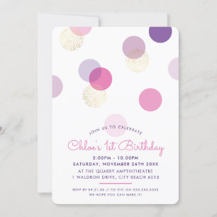 Första BIRTHDAY-konfektionspunkter rosa lila guld Inbjudningar