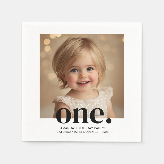 Första bithday-fotoakrylisk inloggning i svartvitt pappersservett (Framsidan)