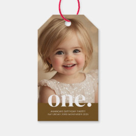 Första bithday Photo Gift-Märkrn i Brown & White Presentetikett