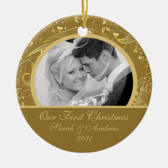 Första blommigt för guld för julfotoprydnad julgransprydnad keramik (Framsidan)