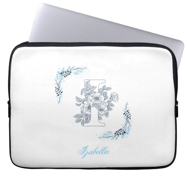 Första Blommigten för "I" Blue Monogram Lugn Laptop Fodral (Framsidan)