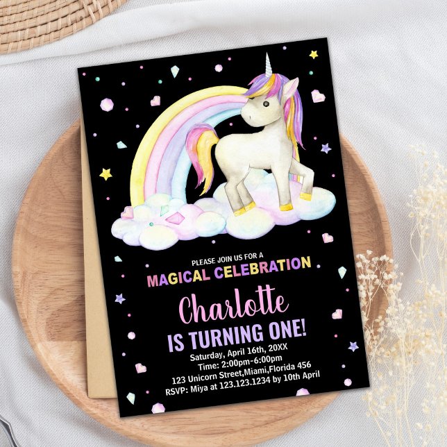 Första Blommigten på inbjudan till Black Unicorn B (1st Floral Black Unicorn Birthday Invitations)