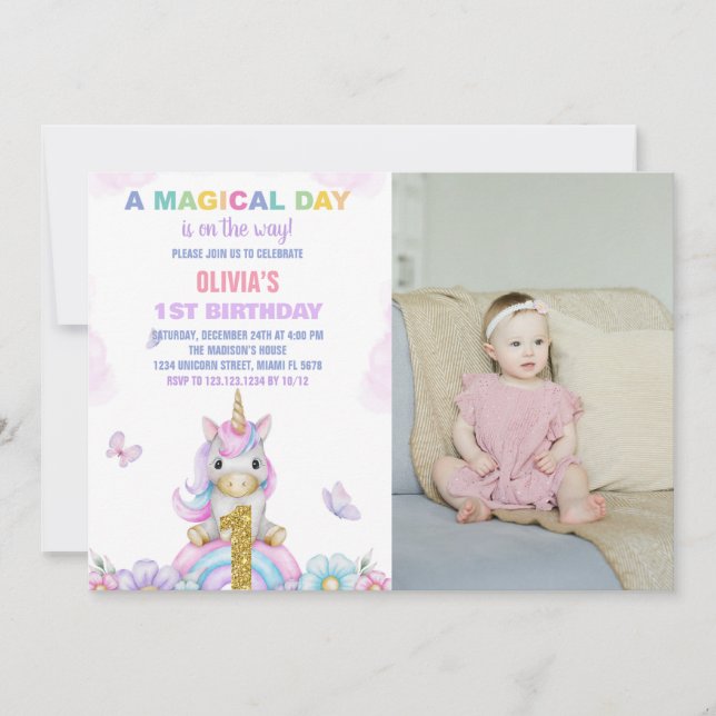 Första Blommigten Unicorn Birthday-inbjudan med fo Inbjudningar (Framsida)