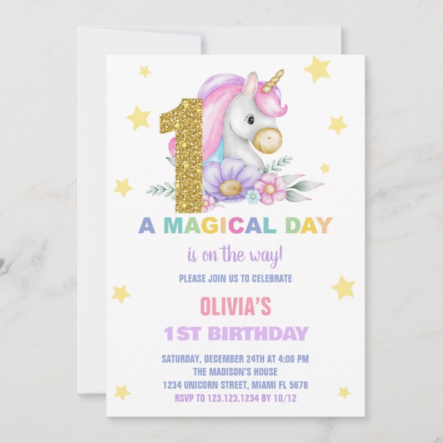 Första Blommigtens inbjudan till Unicorn Birthday (Framsida)