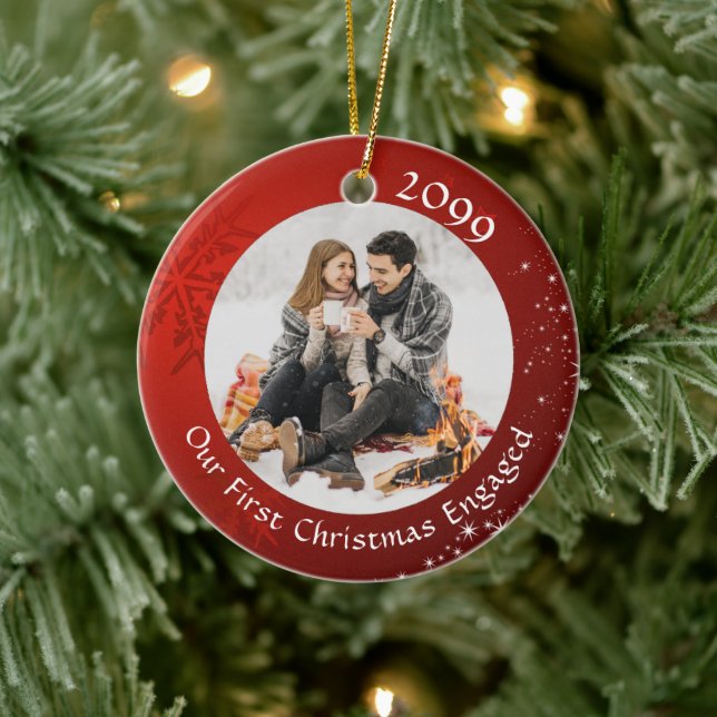 FÖRSTA CHRISTMAS ENGAGAGED Red Snowflake 2 Photo Julgransprydnad Keramik (Träd)