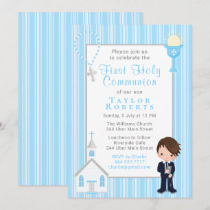 Första Communion Blue Rand Brown Hair Boy Invita Inbjudningar