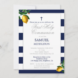 Första Communion Boy Navy Lemons Silver Religiösa Inbjudningar