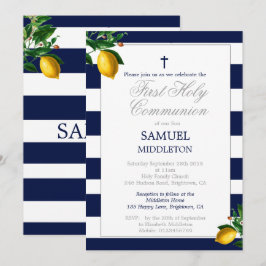 Första Communion Boy Navy Lemons Silver Religiösa Inbjudningar