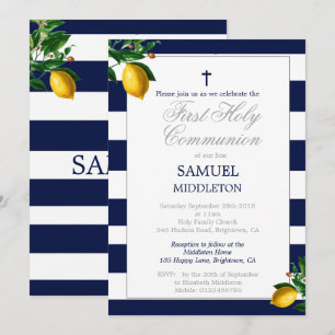 Första Communion Boy Navy Lemons Silver Religiösa Inbjudningar