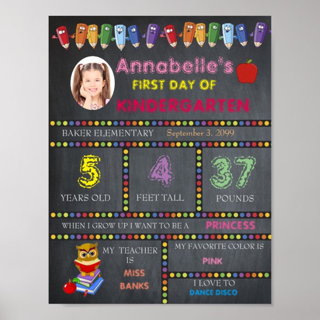 Första dagen av Kindergarten Sign GIRL, Chalkboard Poster (Framsidan)