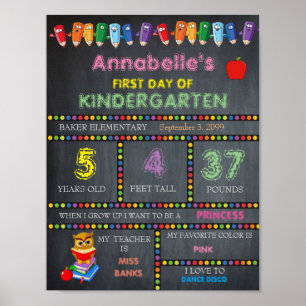 Första dagen av Kindergarten Sign GIRL, Chalkboard Poster