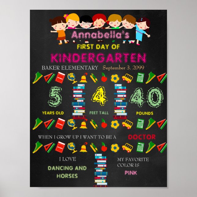 Första dagen av Kindergarten-signalen GIRL,Black & Poster (Framsidan)