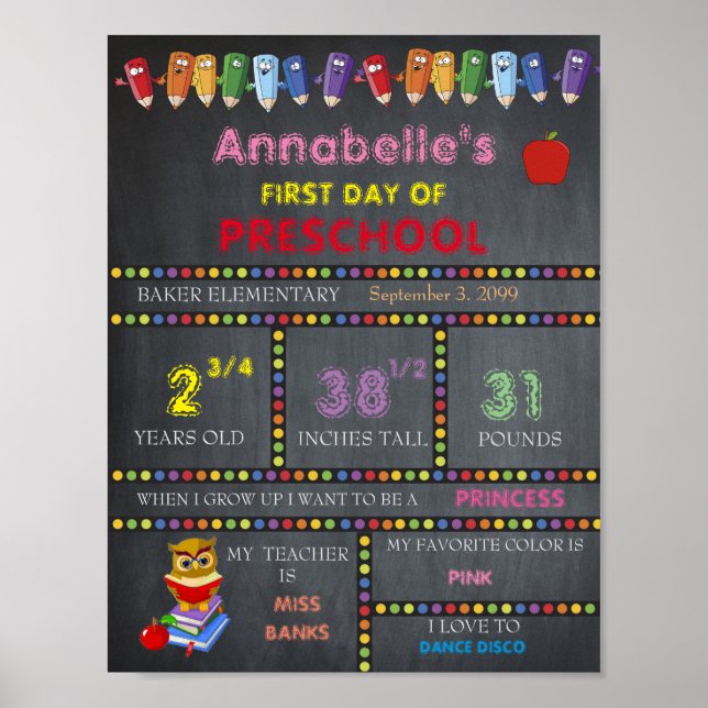 Första dagen av Preschool Sign GIRL, Chalkboard Poster (Framsidan)