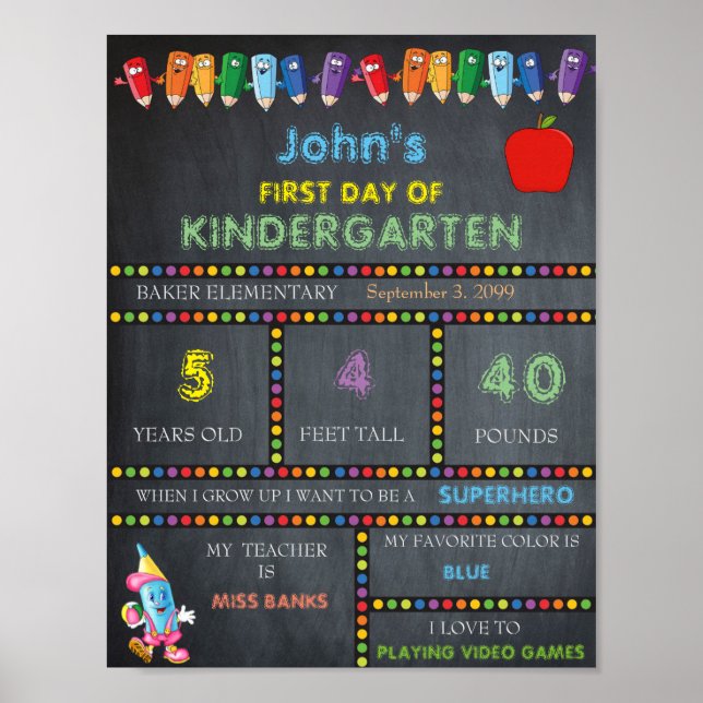 Första dagen för Kindergarten-signalen, Chalkboard Poster (Framsidan)