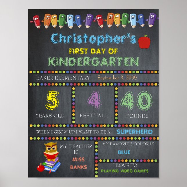 Första dagen Kindergarten-signalen, Chalkboard Poster (Framsidan)